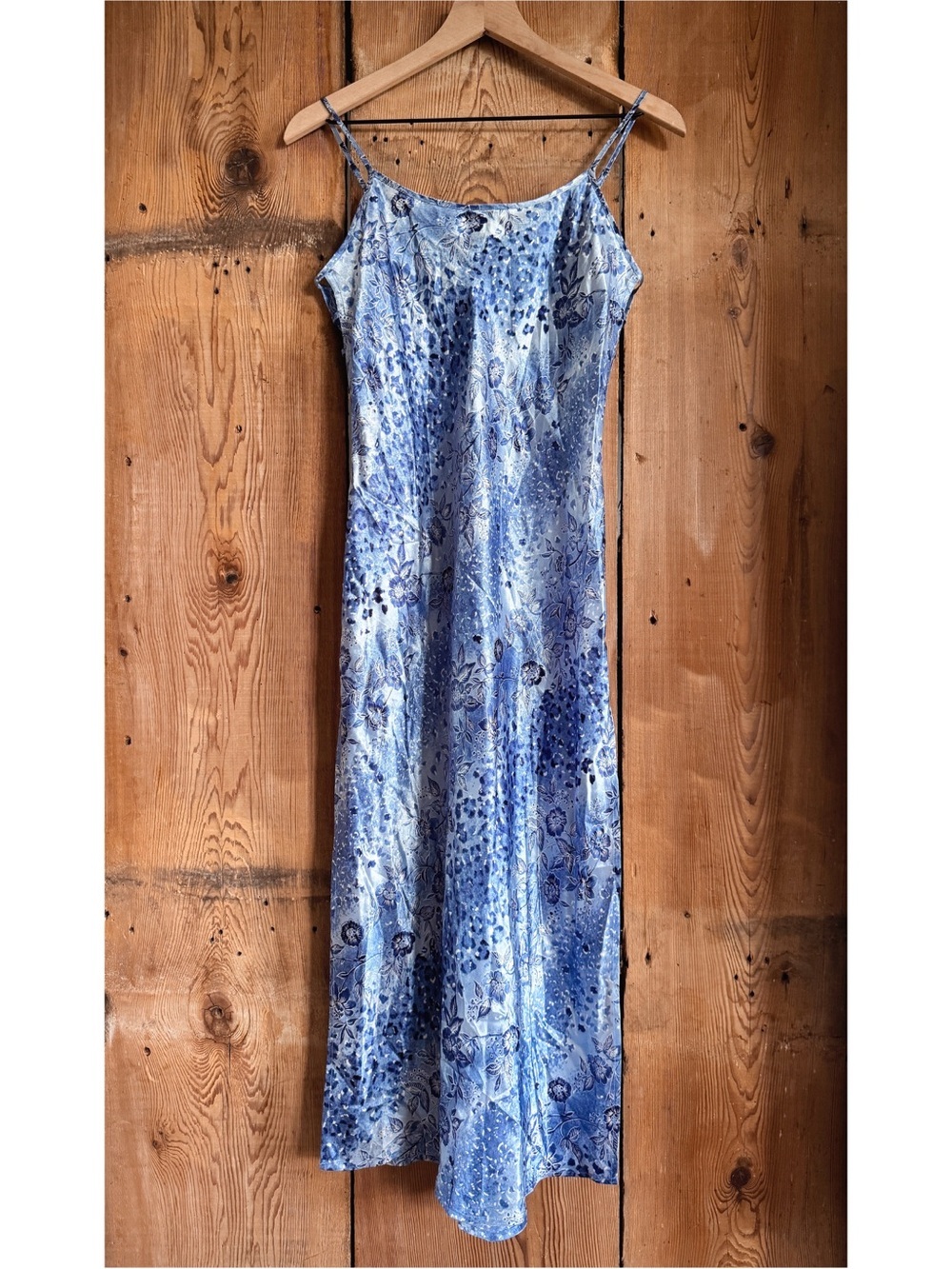 Sz S Vtg 90s Inner Most Ice Blue Silky Side Cutout Floral Chemise Slip Dress EUC